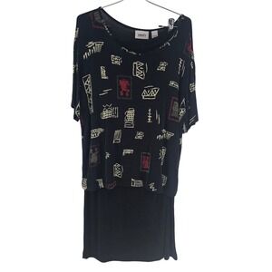 Chico's Travelers 2‎ Piece Skirt Set XL Black Red Asian Print Wrinkle Resistant